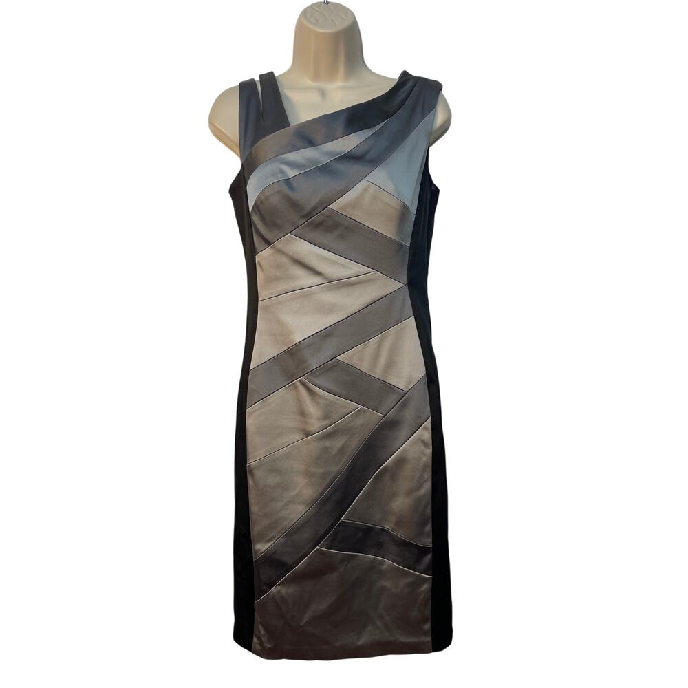 JAX Asymmetrical Neck Sleeveless Midi Cocktail‎ Dress Color Black/Gray Size 8